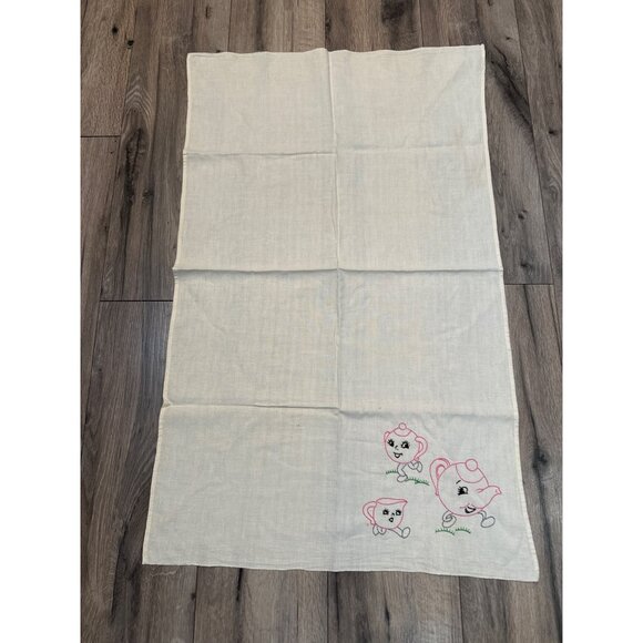 Vintage Embroidered Tea Towel With Animated Teapot & Cup Design - Picture 3 of 5